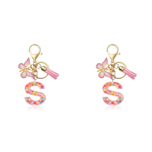ZIBUYU® Letter S Keychain Charm Metal Keyring Backpack Bag Decoration Pink Butterfly Clear Resin Embedded Sequins Stylish Gift for Girls 2 PCS