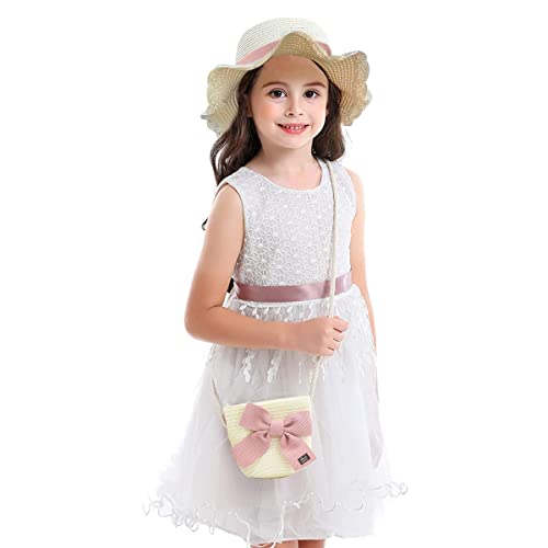 SNOWIE SOFT® Summer Straw Hat for Girls Ruffled Brim Hat Sun Straw Bow Hats Beach Hats with Straw Woven Zipper Pouch for Girls 4-6 Years Old Travel Outdoor Hat, Beige