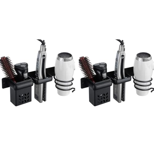 HASTHIP® 3 in 1 Hair Dryer Stand for Wall Mounted Rack Blow Holder Styling Care Tool Organizer Storage Basket with Plug Hook Black 2PCS