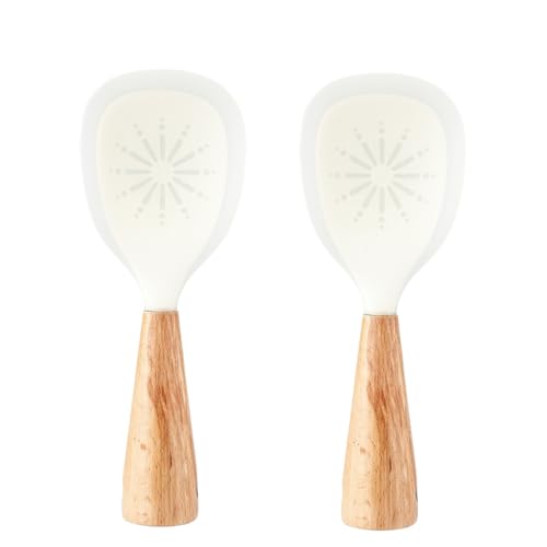 Supvox® 2Pcs Spoon Set-Silicone Nonstick Rice Spoon&Wooden Handle Perfect for Serving Food, and Mashed Potatoes/Durable & Easy to Clean