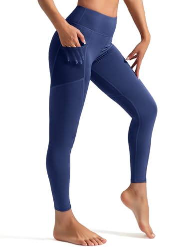 Venzina® Women's Legging Running Pants with Pocket, Stretchy Taceless Sport Leggings, Tummy Control & Butt Lifting, Full Length Fashion High-Waisted Leggings, Navy Blue-L
