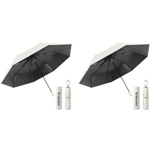 Venzina® UPF 50+ Sun Umbrella Pocket Black Coated Liner Fiberglass Ribs Design Fashion Folding Travel Lightweight with Rubberized Loop Handle Beige 2PCS
