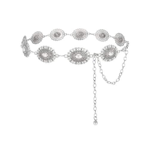 PALAY® Waist Belt for Women Silver Metal Concho Hip Belts for Saree Fashion Vintage Waist Chain Adjustable Boho Western Ladies Saree Belts for Dresses, Jeans, Skirts