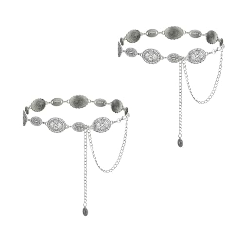 PALAY® 2Pcs Hip Belt for Saree Metal Boho Concho Waist Chain Western Fashion Vintage Saree Belts Stylish Adjustable Waist Belt for Women Dresses, Jeans, Skirts - Silvercolor