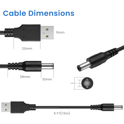 Verilux® USB to DC 5V Power Cord Universal 5.5x2.1mm Plug Jack Charging Cable with 10 Connector Tips 5.5x2.5 4.8x1.7 4.0x1.7 4.0x1.35 3.5x1.35 3.0x1.1 2.5x0.7 Micro USB Type-C Mini 2 PCS