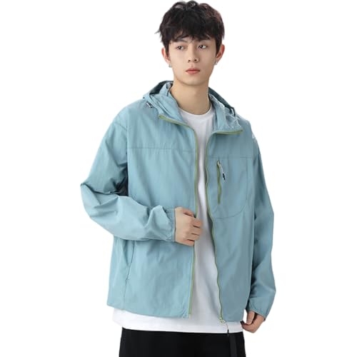 Venzina® Men's Lightweight Athletic Jacket Stylish UPF 50+ Sun Protection Top Quick Dry Full Zip Hoodie with Back Air Vent & Chest Zip Pocket, Waterproof UV Workout Coat for Outdoor, Light Blue, 2XL