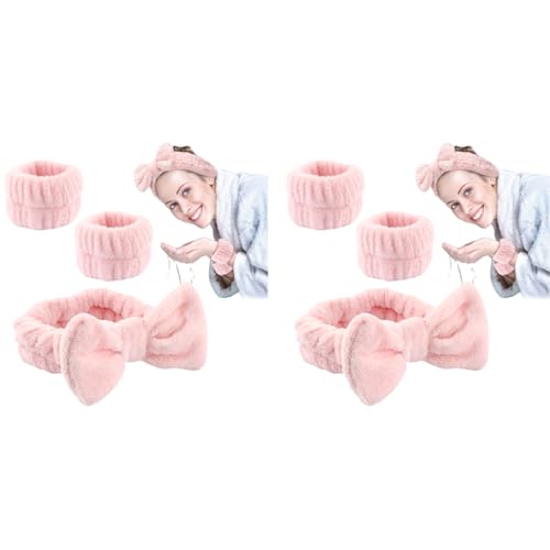 MAYCREATE® Face Wash Headband & Wristband Set, Soft Stretchy Bowknot Headband for Women Girls, Flannel Super Absorbent Sweat Wrist Towel Band for Washing Face, Makeup, Yoga, Fitness (Pink) 2 PCS