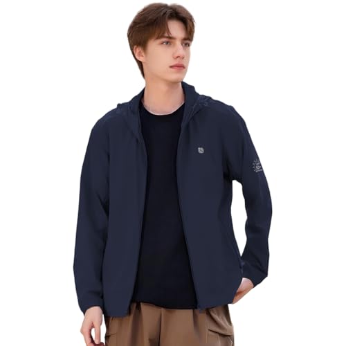 Venzina® UPF 50+ Sun Jacket for Men Long Sleeve Zip-up Sun Jacket with Zip Pocket, Removable Hat, Quick Dry Loose-fit UV Protection Clothing for Driving, Riding, Hiking, Dark Blue, XXL