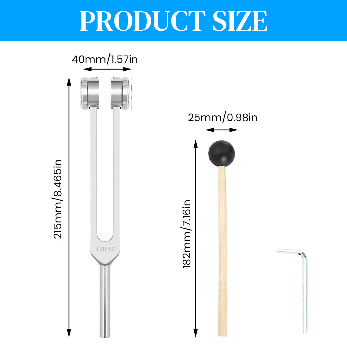 HASTHIP Tuning Fork 128Hz, Aluminum Alloy Tuning Fork for Acoustic Testing, Healing and Sound Therapy 128Hz Low Frequency Tuning Fork Set with Rubber Hammer, Wrench Tool, Storage Pouch