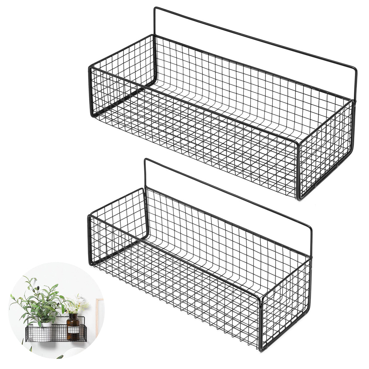 HASTHIP 2Pcs Kitchen Organizer Basket Wire Basket Organizer Shower Caddy No Drill Wall Mounting Multipurpose Metal Basket Organizer for Kitchen, Bathroom, Living Room, Dorm, Size M/L