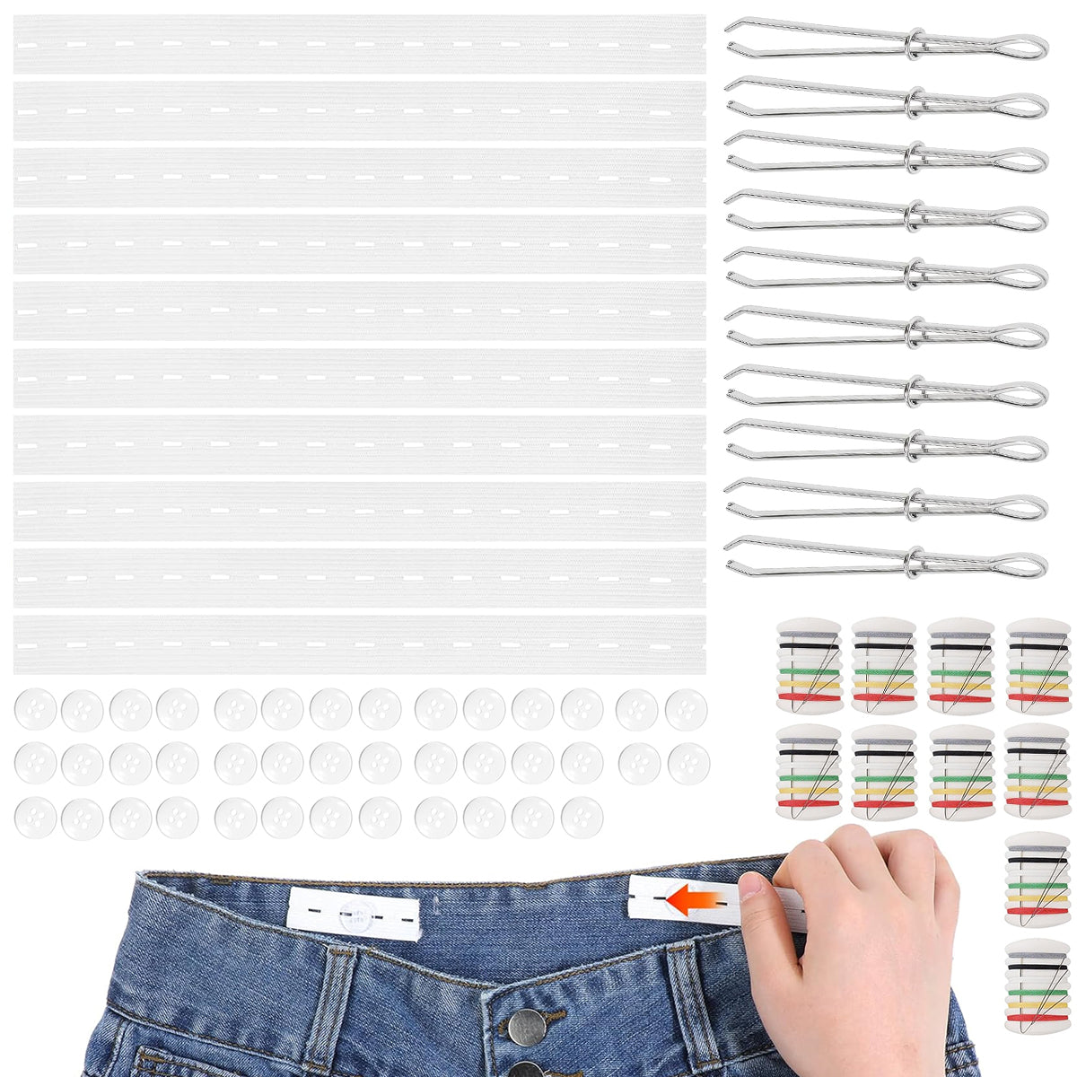 HASTHIP Pant Waist Tightener Invisible Waist Adjusters for Loose Pants 22cm Flat Elastic Band with Buttonholes Elasticated Waist Trousers Remake Kit, with 10Pcs Elastic Bands, 40 Buttons, Sew Kit