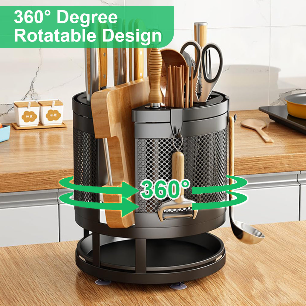 HASTHIP Kitchen Organizer Rotatable Carbon Steel Multi Compartment Modern Kitchen Utensil Organizer Tableware Draining Rack Cutting Board Rack Cutter Holder Storage Holder with 4 Hooks, 23.5x24cm