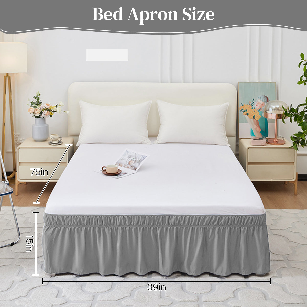 HASTHIP Pleated Bed Skirt for Double Bed 15 inches Grey Double Bed Skirt Minimalism Dust Skirt for Bedroom Ruffled Bed Skirt for 75x39 inches Double Bed