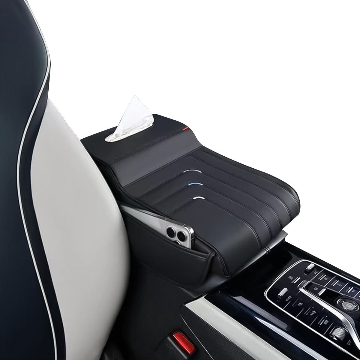 STHIRA® Memory Foam Armrest for Car Center Console 3 in 1 Armrest Pad with Tissue Paper Box & Side Pocket Multifunctional Fashion PU Car Center Console Armrest Universal Car Armrest Cushion