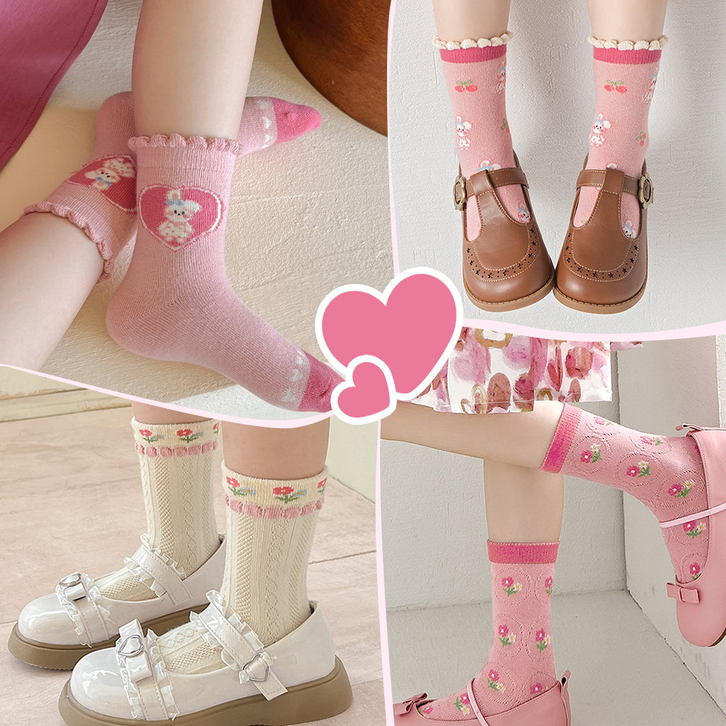 SNOWIE SOFT 5 Pairs Cotton Socks for Girls Primary School Girls Socks Assorted Designed Cute Pink White Print Ankle Socks for Girls Breathable Soft Cotton Socks for Girls 6-8 Years Old