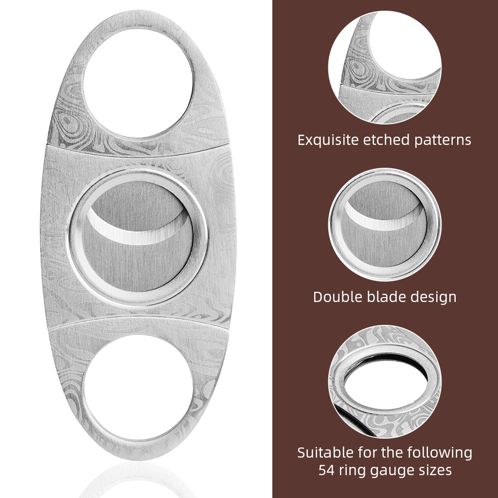HASTHIP Cigar Cutter Double-Blade Cutter Stainless Steel Guillotine Cigar Cutter with PU Pouch Elegant Etching Patterned Cigar Cutter Cigar Accessories Gift, Silver