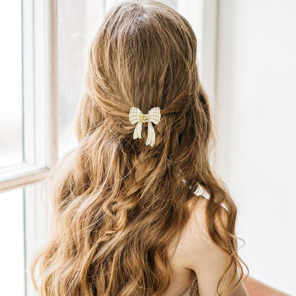 ZIBUYU Small Pearl Bow Hair Accessories for Women Wedding, Bow Hair Clips for Women,  Golden Alloy Half Updo Hair Charm Fashion Meta Hair Clips for Girls Women