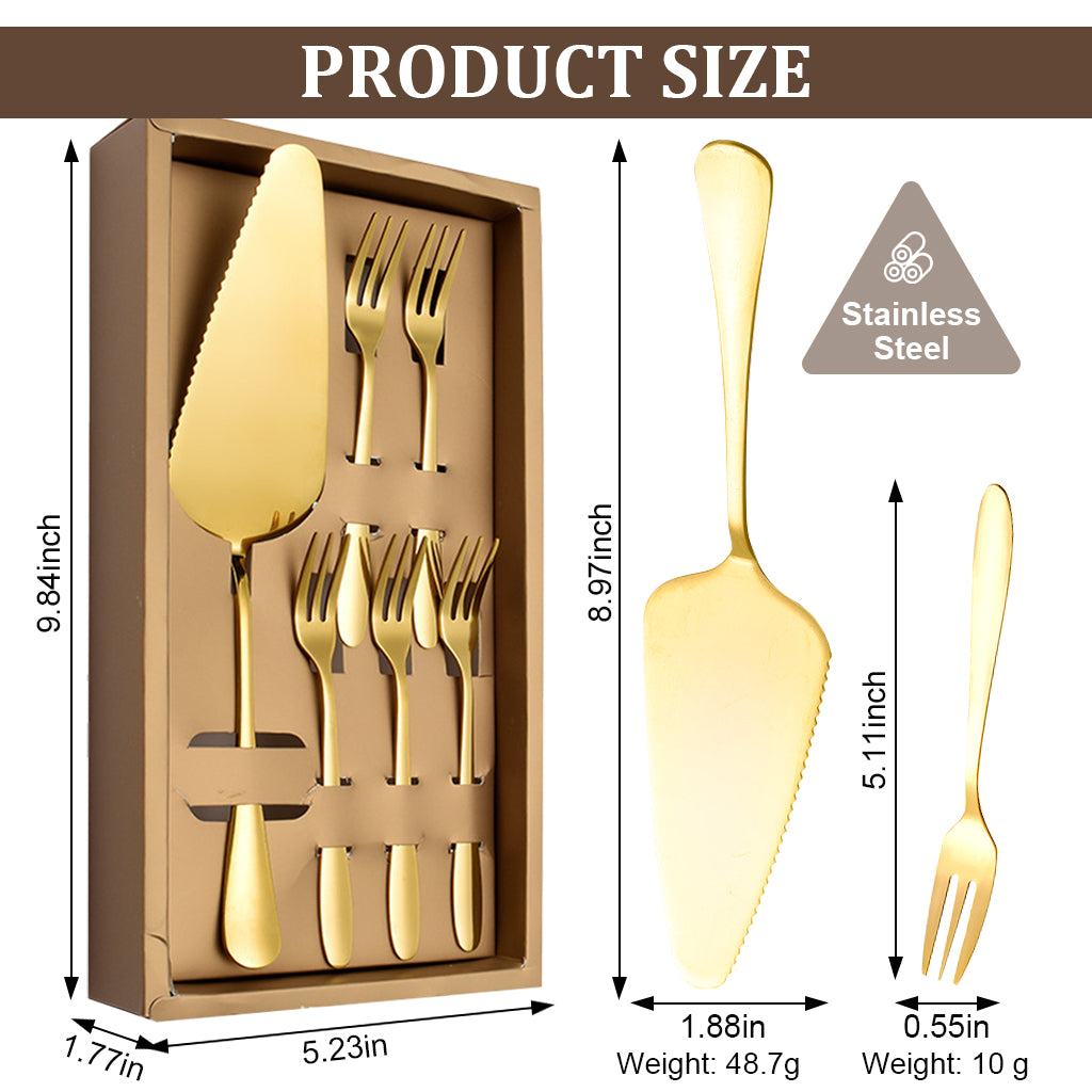 HASTHIP Cake Server Cake Forks Combo Set Stainless Steel Cake Slice & 5Pcs Dessert Forks, 2 in 1 Serrated Cake Cutter Slice 5.2 inches Cake Forks, Birthday Party Supplies Kitchen Supplies, Golden