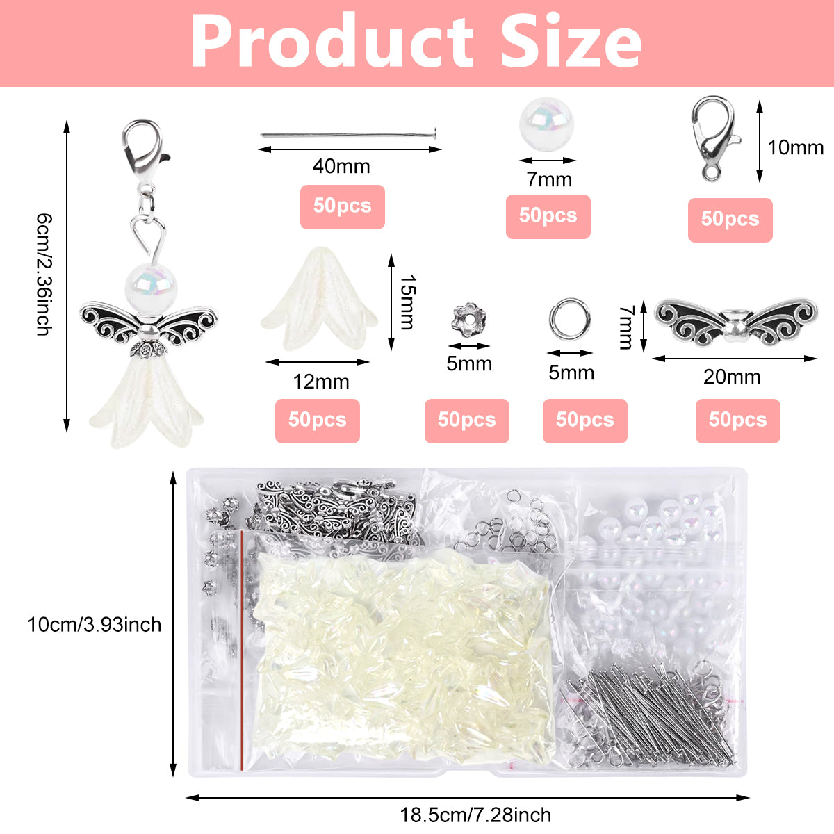 HASTHIP Set of 50Pcs Matched DIY Wings of Angle Charm Kit White Lily Flower Pearl Pearl Wings of Angle Charms Bag Charms Keychain Charms Gift Charms DIY Token Gift Components Accessories