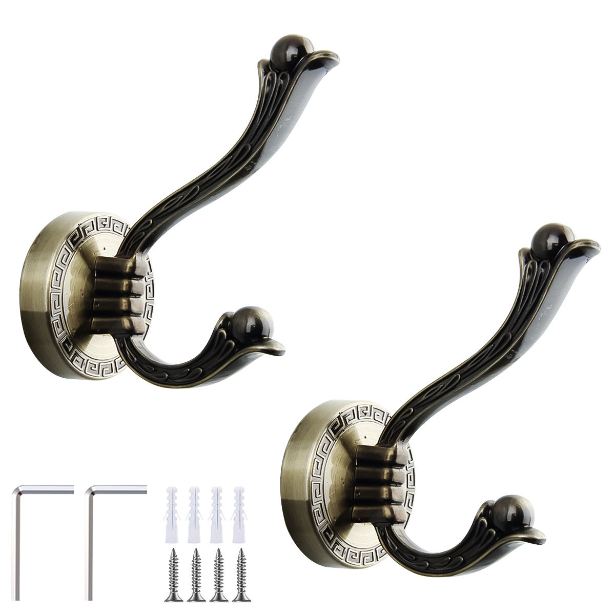 HASTHIP 2Pcs Vintage Wall Hooks Dual Hook Design Metal Embossing Clothes Hat Hooks Home Decorative Utility Hooks for Kitchen, Entry, Bathroom