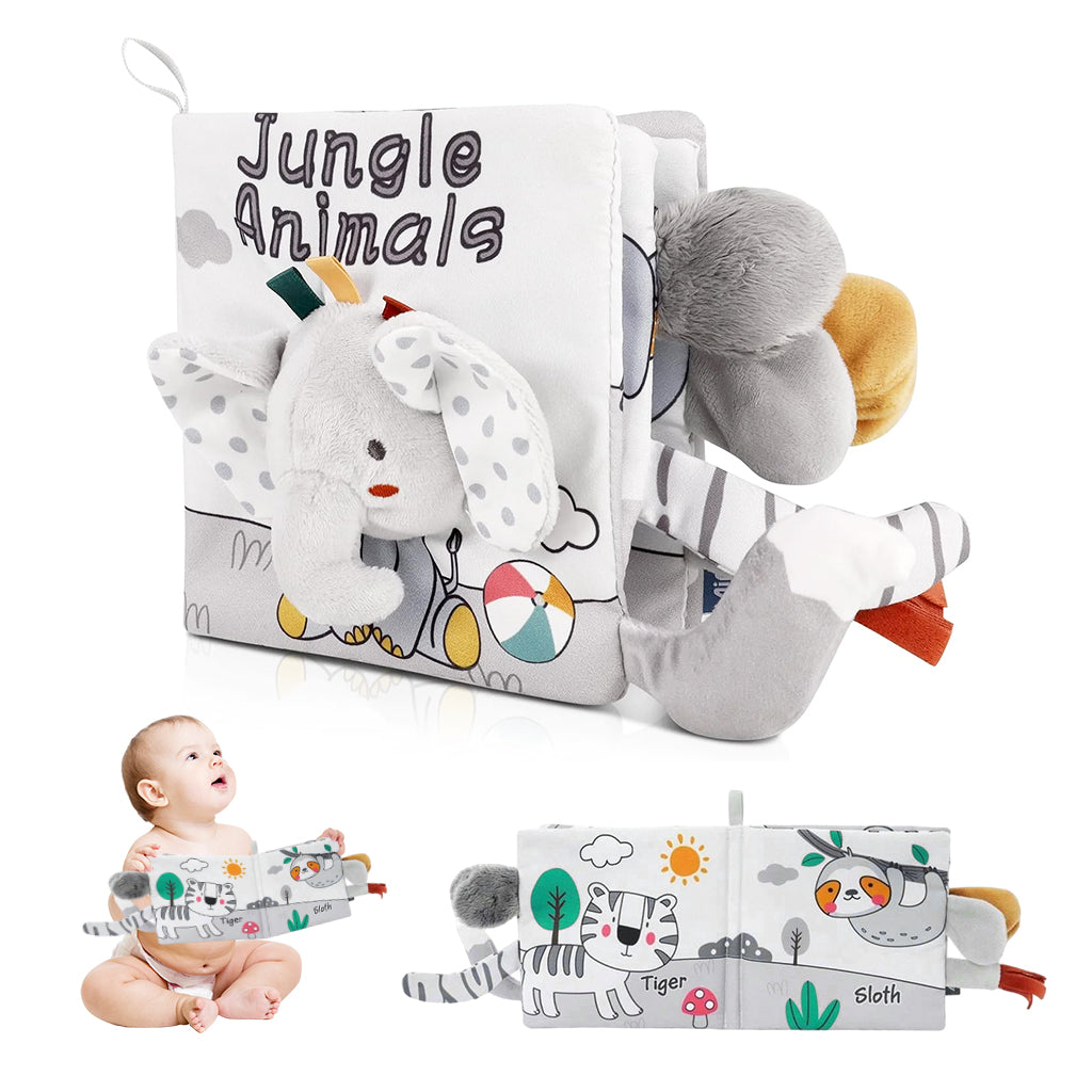 SNOWIE SOFT Baby Cloth Book Cartoon Fluffy Elephant Toy Cloth Book Sensory Book Built in Squeaky Toy Baby Cloth Early Sensory Toy Book Sensory Book Gift Toy for Baby Toddler 3-12 Months