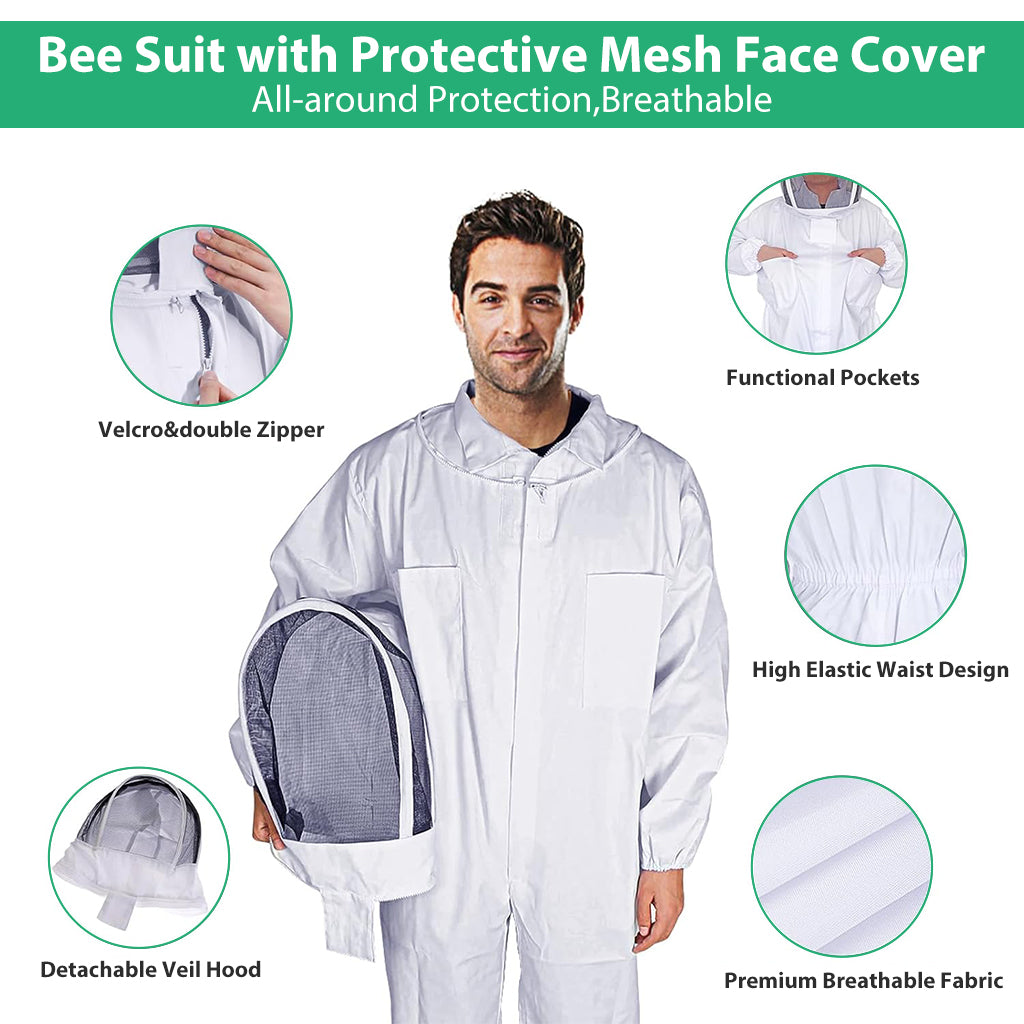 HASTHIP Bee Suit with Protective Mesh Face Cover Hood Zip Up Long Sleeve Jumpsuit Breathable Outdoor Summer Bee Suit for 175-185cm Height Adult