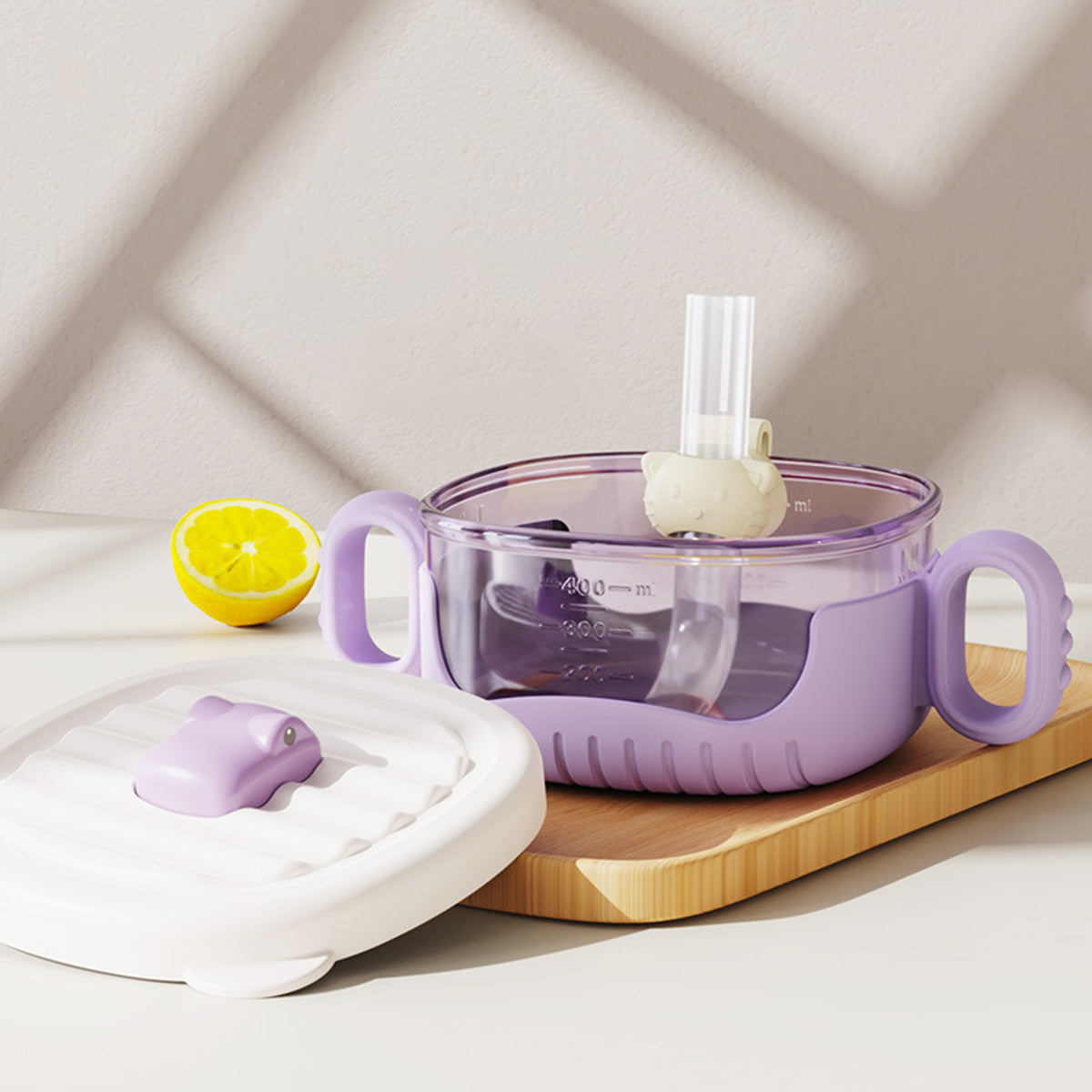 SNOWIE SOFT Baby Bowl with Dual Ears 400ml Baby Food Container with Lid Transparent Food Grade PP Baby Food Bowl with Clip-on Silicone Straw Travel Baby Food Container Snack Bowl