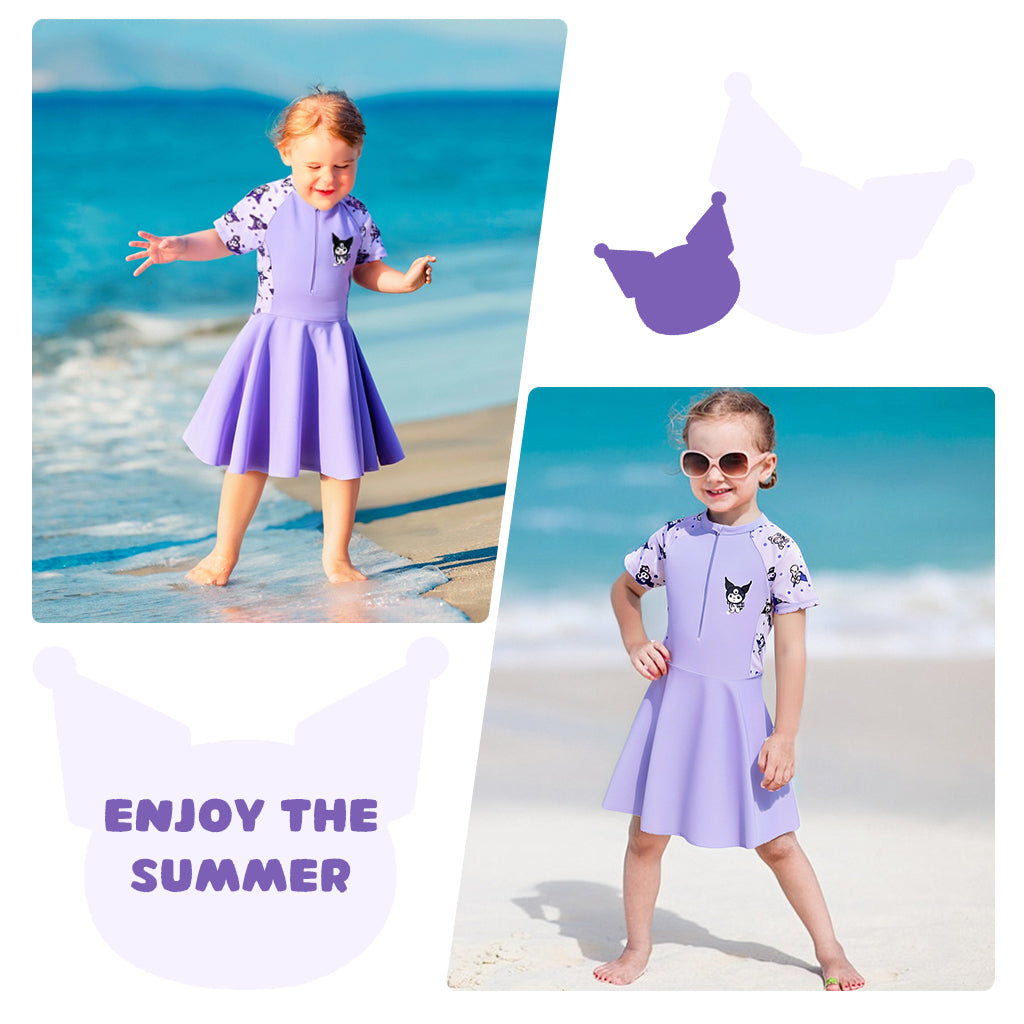 SNOWIE SOFT One-Piece Kuromi Swimming Costume for Kids Girls, Cartoon Swim Suit Set for Girls with Safety Pants for 120-130cm 22-26 Kg 6-7 Years Old Girls for Swimming, Aerobics and Outdoor Seaside