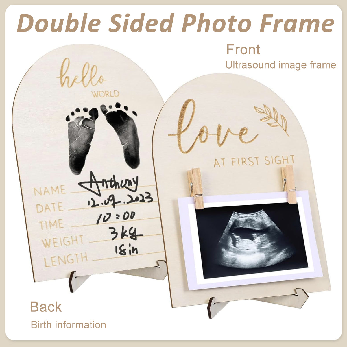 SNOWIE SOFT Baby Ultrasound Picture Frame Desk Baby Photo Frames Display Wooden Frame, with Ink Pad, Marker Pen, Wooden Clips, Creative Sonogram Photo Frame Gift for New Mother Shower Gift
