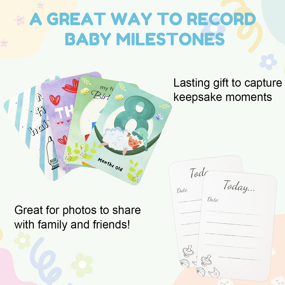 SNOWIE SOFT 50Pcs Baby Milestone Cards with Decorative Stickers Cartoon Milestone Props for Babies Photo Celebration Cards Baby Milestone Props with Blank Message Column Newborn Shower Gift 10x15cm