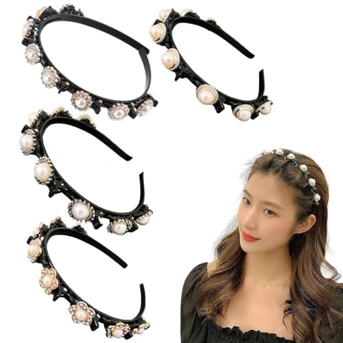 Venzina® 4 Pcs Double Layer Twist Plait Headband Pearl Hairband for Women Girls Braided Hair Band with Floral Alligator Clips Hair Accessories for Thin or Thick Hair