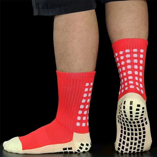 Proberos® Unisex Down Red & Hi-Tech Green Athletic Socks Combo for Badminton, Football, Running, Gym, Indoor Training, Cushioned High Ankle, Anti-Slip, Calf Length, Rubber Grip