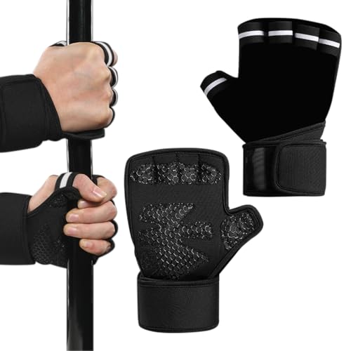 Proberos Fitness Gloves, Gym Gloves with Wrist Support Accessories, Anti Slip Palm Design Summer Breathable Fingerless Gym Gloves for Battling Ropes, Weight Lifting, L