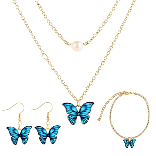 SANNIDHI® Italian Designer Platinum Plated Crystal Butterfly Earrings Chain Pendant Necklace Combo Jewellery Set for Women and Girls-Sapphire Blue