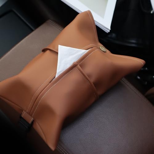 STHIRA® Car Tissue Box, Fashion Brown PU Car Tissue Box for Center Console Armrest Headrest, Adjustable Elastic Fastener Strap, Car Accessory
