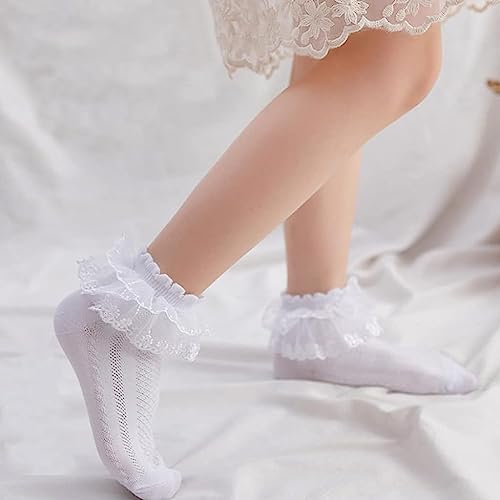 SNOWIE SOFT® 6 Pairs Lace White Socks for Kids Baby Girls, Cotton Ruffled Trim Socks for Girls, Children Ankle School Socks, Cute Fancy Princess Socks, Suit for 4-6 Years Old