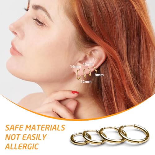 SANNIDHI® 4 Pairs Hoops Earrings for Women Men Stylish Gold Stainless Steel 8mm 10mm 12mm 14mm Ear Rings Fashion Couple Jewellery Set Birthday Gift Girls 2PCS