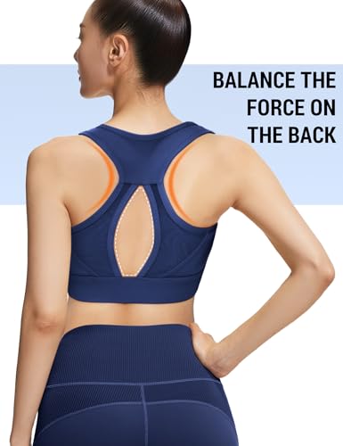 Venzina® Women's Athletic Bra Sports Bra, Fashion Criss-Cross Back Design, Breathable Patchwork Strap Design, Push Up & Compression, High Support Workout Bra for HTTI, Yoga, Running -Navy Blue-L