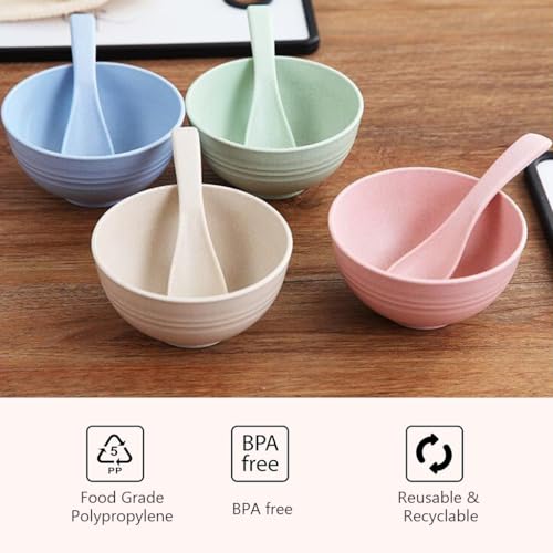 Supvox® Wheat Straw Fiber Lightweight Cereal Bowls Set of 4, Unbreakable E-Co Friendly Lightweight Bowl with Spoons, BPA-Free, Microwave Safe Bowls for Kitchen (Tableware 350ML)