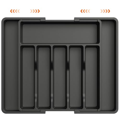 Supvox Kitchen Drawer Divider Organizer Silverware Holder Telescopic Cutlery Organizer Tray PP Silverware Holder for Spoons, Forks, Cutter, Butter Spatulas, 13-22.4 inches Adjustable Width