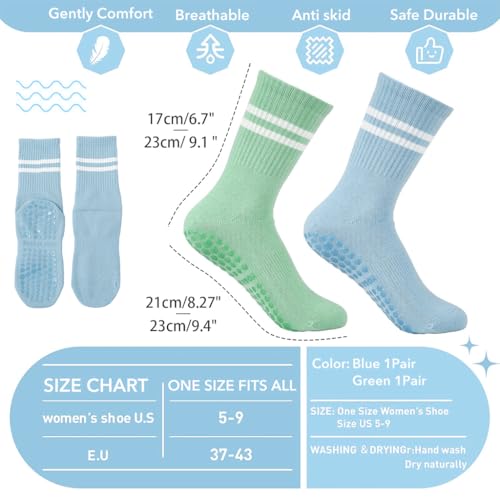 Proberos® 2 Pairs Yoga Socks for Women Anti-Slip Grip Anti-Odor Cotton Temple Breathable Moisture-Wicking Pilates Dance Running Floor Use Blue Green Stylish Comfortable 3PCS
