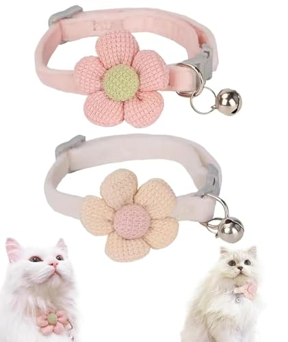Qpets® Cat Collar Pet Collar Pink & Beige Flower Design with Quick Release Buckle, Soft Adjustable Plush Material, Decorative Bell for Cats & Kittens, Comfortable & Safe Fit, 1 Piece