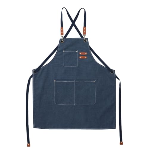 HASTHIP® Canvas Work Apron for Men & Women, Dark Blue, Adjustable Tie-Back, Multiple Front Pockets, Metal Eyelets, Heavy Duty Kitchen, Barista, Woodwork & Workshop Apron, Stain & Tear Resistant