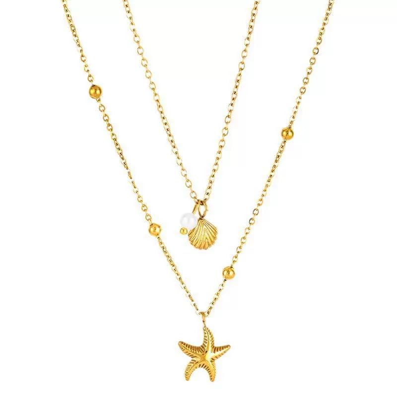 SANNIDHI® Necklace for Women Gold Layered Starfish Seashell Pearl Pendant Charm Necklaces Adjustable Stainless Steel Chain Stack Jewelry for Summer Beach Vacation