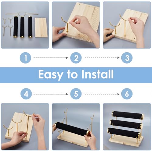 MAYCREATE® Metal Bracelet Display Rack with Wooden Base, Bracelet Holder Organizer for Watch Bangle, 3-Tier Showcase Rack Boutique Shop Display Holder