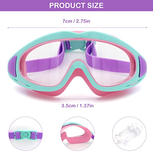 Proberos® Swimming Goggles for Kids, Big Frame Leakproof Swimming Goggles with Ear Plugs, Swim Goggles with Anti Fog and UV Protection for Boys Girls Age 4-10(Pink) 3 PCS