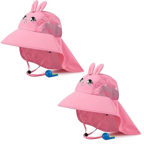 SNOWIE SOFT® Wide Brim Sun Hat for Kids Girls with Neck Flap Shawl, UPF 50+ Adjustable Chin Strap Sun Protection Hat for Girls 4-10 Years Old Pink