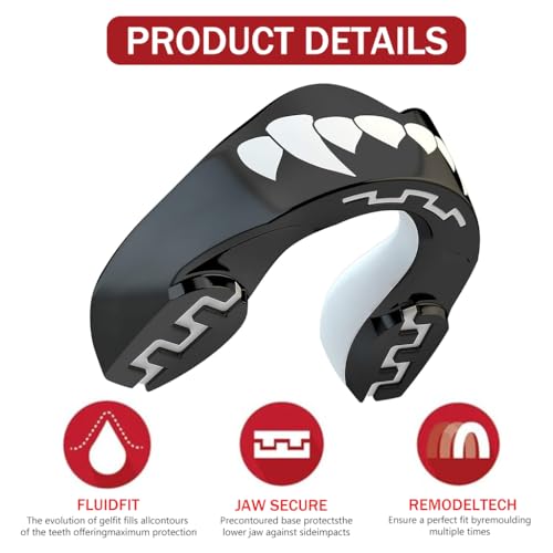 Proberos® Mouthguard 2PC, Shock Absorbing Sports Mouth Guard for Boxing, MMA, Karate, Taekwondo, Football, Basketball, Hockey, Adults 12+ Years, Black Fangz Design, Enhanced Fit & Protection
