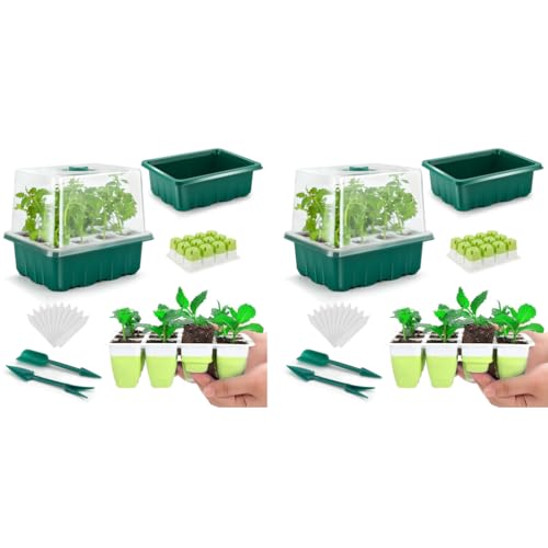 HASTHIP® Seed Starter Tray with 12 Seeding Pots Reusable Silicone Multi Seed Start Tray with Ventilation Clear Lid Drip 2 Dual-Head Seeding Tools Transplanting Mat 10 Blank Labels 2 PCS