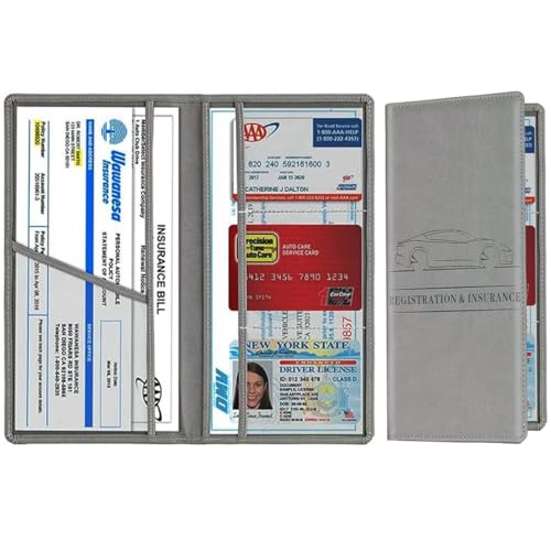 STHIRA® 2 Pack Grey Car Registration & Insurance File Holder Bifold PU Leather Documents Bag With 6 Compartments Vehicle Receipt Organizer, Drive License & Cash Pouch for Cycling